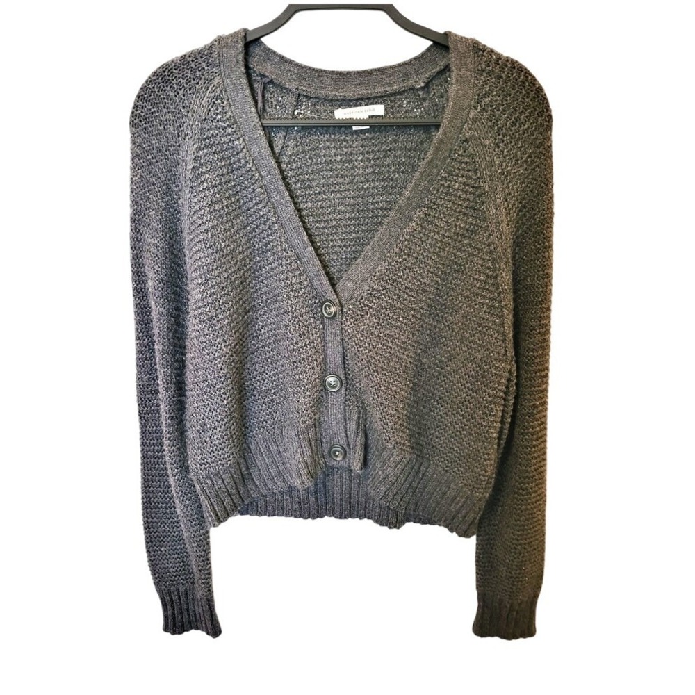 American Eagle Womens Charcoal Grey Cropped Knit Button Front Cardigan Sweater L